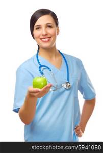Young doctor with green apple isolated