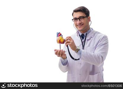 Young doctor with heart shape isolated on white