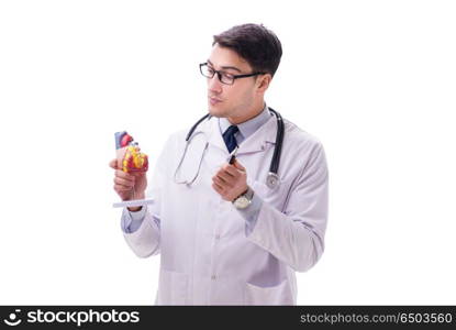 Young doctor with heart shape isolated on white