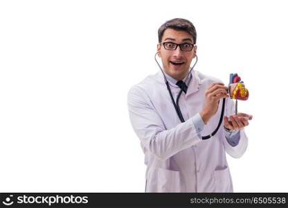 Young doctor with heart shape isolated on white