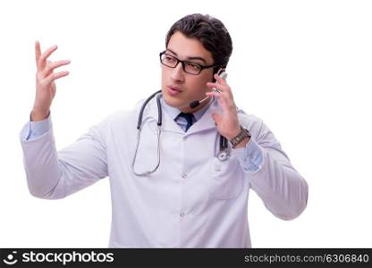 Young doctor with phone headset isolated on white