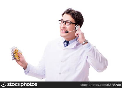 Young doctor with phone headset isolated on white