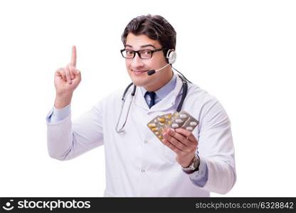 Young doctor with phone headset isolated on white