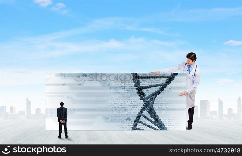 Young doctor with white banner presenting molecule research. Biochemistry report
