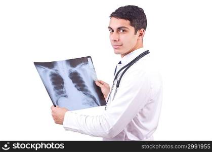 Young doctor with x-ray image on white