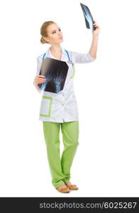 Young doctor with X-ray isolated on white