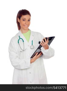 Young doctor woman smiling with clipboard isolated on a white background