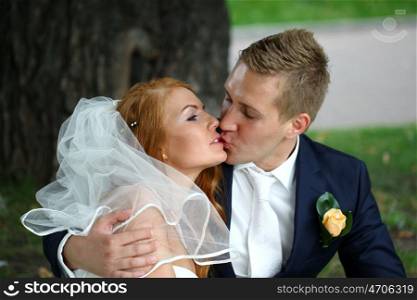 Young elegant enamoured just married bride and groom embracing