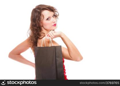 young elegant woman in red dress with shopping bags isolated on white background