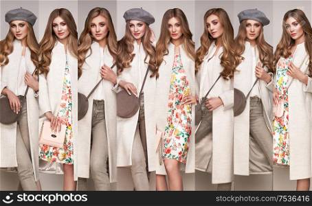 Young elegant woman in trendy white coat. Blond hair, gray beret, isolated studio shot. Fashion autumn lookbook. Model woman with handbag. Group of people