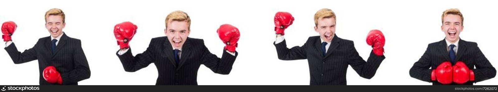 Young employee with boxing gloves isolated on white 