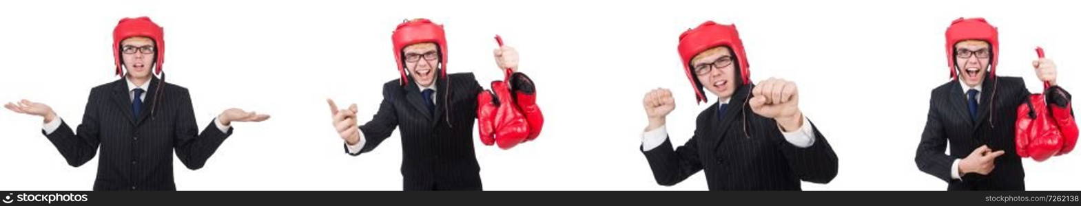 Young employee with boxing gloves isolated on white . The young employee with boxing gloves isolated on white 