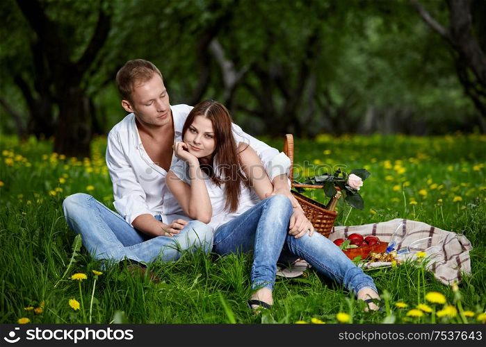 Young enamoured couple on picnic in park