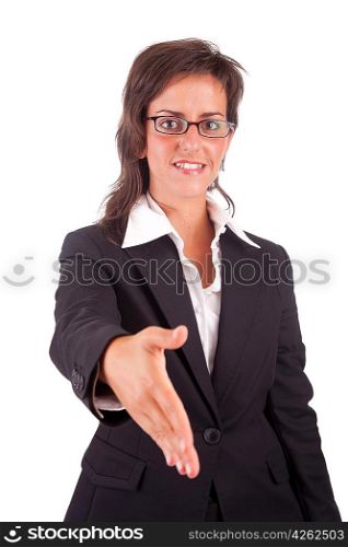 Young engineer, offering handshake - isolated over white