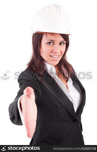 Young engineer, offering handshake - isolated over white