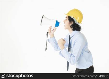 Young engineering man is announcing with megaphone