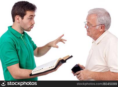 Young evangelist sharing God&rsquo;s Words with an old man