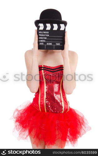 Young fairy with clapperboard isolated on white