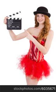 Young fairy with clapperboard isolated on white