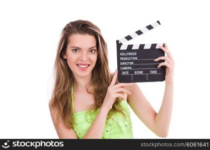 Young fairy with clapperboard isolated on white