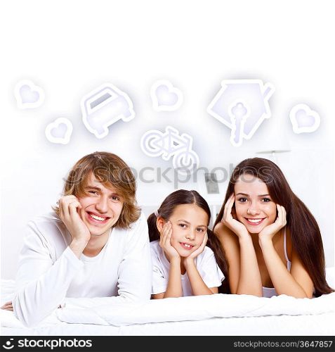 Young family with a daughter andheart symbols