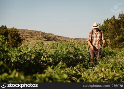 Young farmer spraying organic fertilizer with manual pump tank wearing an old hat and plaid shirt