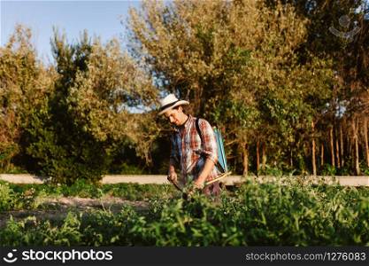 Young farmer spraying organic fertilizer with manual pump tank wearing an old hat and plaid shirt