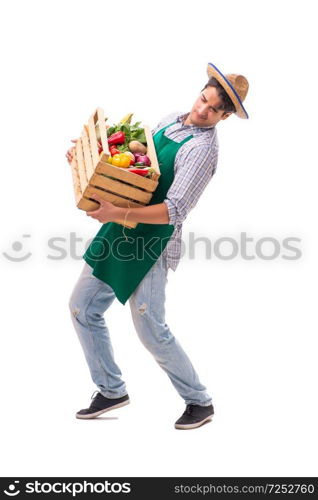 Young farmer with fresh produce isolated on white background