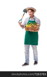 Young farmer with fresh produce isolated on white background. The young farmer with fresh produce isolated on white background