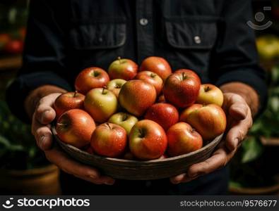 Young farmer with freshly picked apple in basket. Hand holding wooden box with vegetables in field. Fresh Organic Vegetables from local producers.