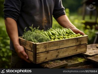 Young farmer with freshly picked Asparagus in basket. Hand holding wooden box with vegetables in field. Fresh Organic Vegetables from local producers.