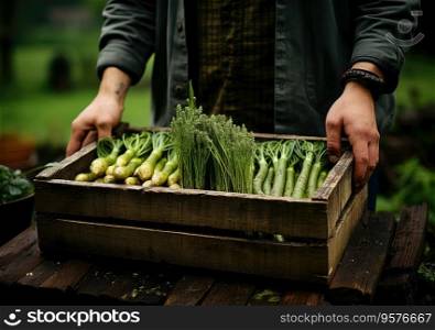 Young farmer with freshly picked Asparagus in basket. Hand holding wooden box with vegetables in field. Fresh Organic Vegetables from local producers.
