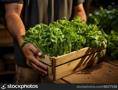 Young farmer with freshly picked Broccoli in basket. Hand holding wooden box with vegetables in field. Fresh Organic Vegetables.