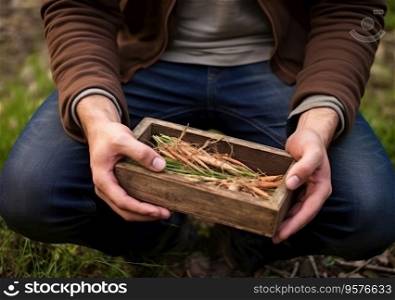 Young farmer with freshly picked carrots in basket. Hand holding wooden box with vegetables in field. Fresh Organic Vegetable.