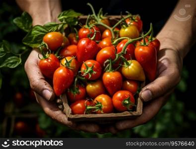 Young farmer with freshly picked Carrots in basket. Hand holding wooden box with vegetables in field. Fresh Organic Vegetable.