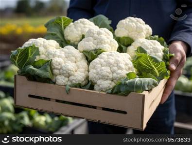 Young farmer with freshly picked Cauliflow in basket. Hand holding wooden box with vegetables in field. Fresh Organic Vegetable.