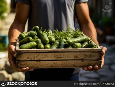 Young farmer with freshly picked Cucumbers in basket. Hand holding wooden box with vegetables in field. Fresh Organic Vegetable.