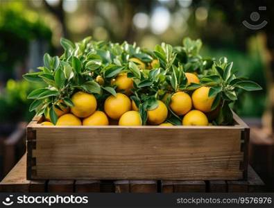 Young farmer with freshly picked lemon in basket. Hand holding wooden box with vegetables in field. Fresh Organic Vegetable.