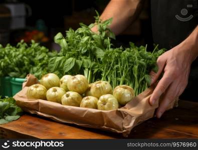Young farmer with freshly picked Onions in basket. Hand holding wooden box with vegetables in field. Fresh Organic Vegetable
