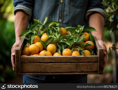 Young farmer with freshly picked Oranges in basket. Hand holding wooden box with vegetables in field. Fresh Organic Vegetable.
