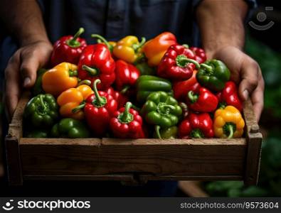 Young farmer with freshly picked Peppers in basket. Hand holding wooden box with vegetables in field. Fresh Organic Vegetable.
