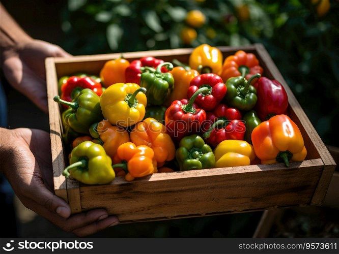 Young farmer with freshly picked Peppers in basket. Hand holding wooden box with vegetables in field. Fresh Organic Vegetable.