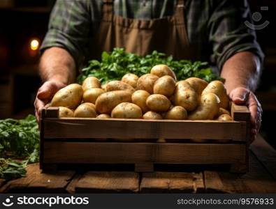 Young farmer with freshly picked Potatoes in basket. Hand holding wooden box with vegetables in field. Fresh Organic Vegetable.