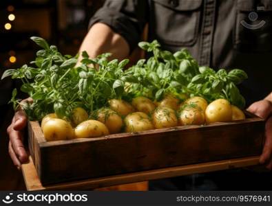 Young farmer with freshly picked Potatoes in basket. Hand holding wooden box with vegetables in field. Fresh Organic Vegetable.