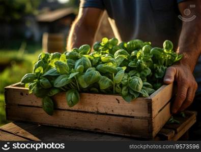 Young farmer with freshly picked Spinach in basket. Hand holding wooden box with vegetables in field. Fresh Organic Vegetable.