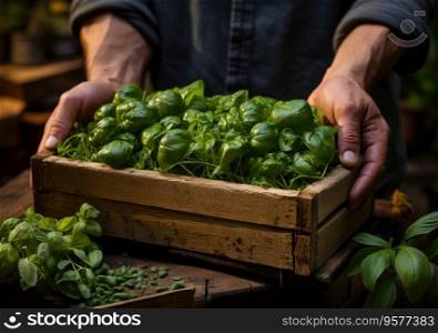 Young farmer with freshly picked Spinach in basket. Hand holding wooden box with vegetables in field. Fresh Organic Vegetable.