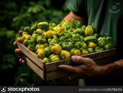 Young farmer with freshly picked tomato in basket. Hand holding wooden box with vegetables in field. Fresh Organic Vegetable.