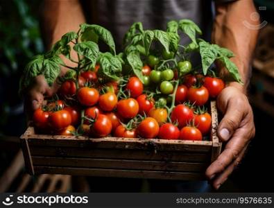 Young farmer with freshly picked tomato in basket. Hand holding wooden box with vegetables in field. Fresh Organic Vegetable.