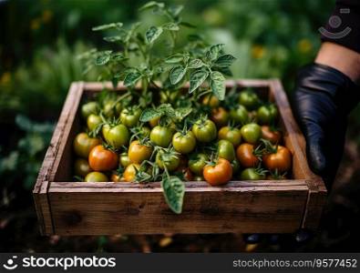 Young farmer with freshly picked tomato in basket. Hand holding wooden box with vegetables in field. Fresh Organic Vegetable