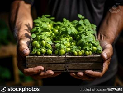 Young farmer with freshly picked tomato in basket. Hand holding wooden box with vegetables in field. Fresh Organic Vegetable